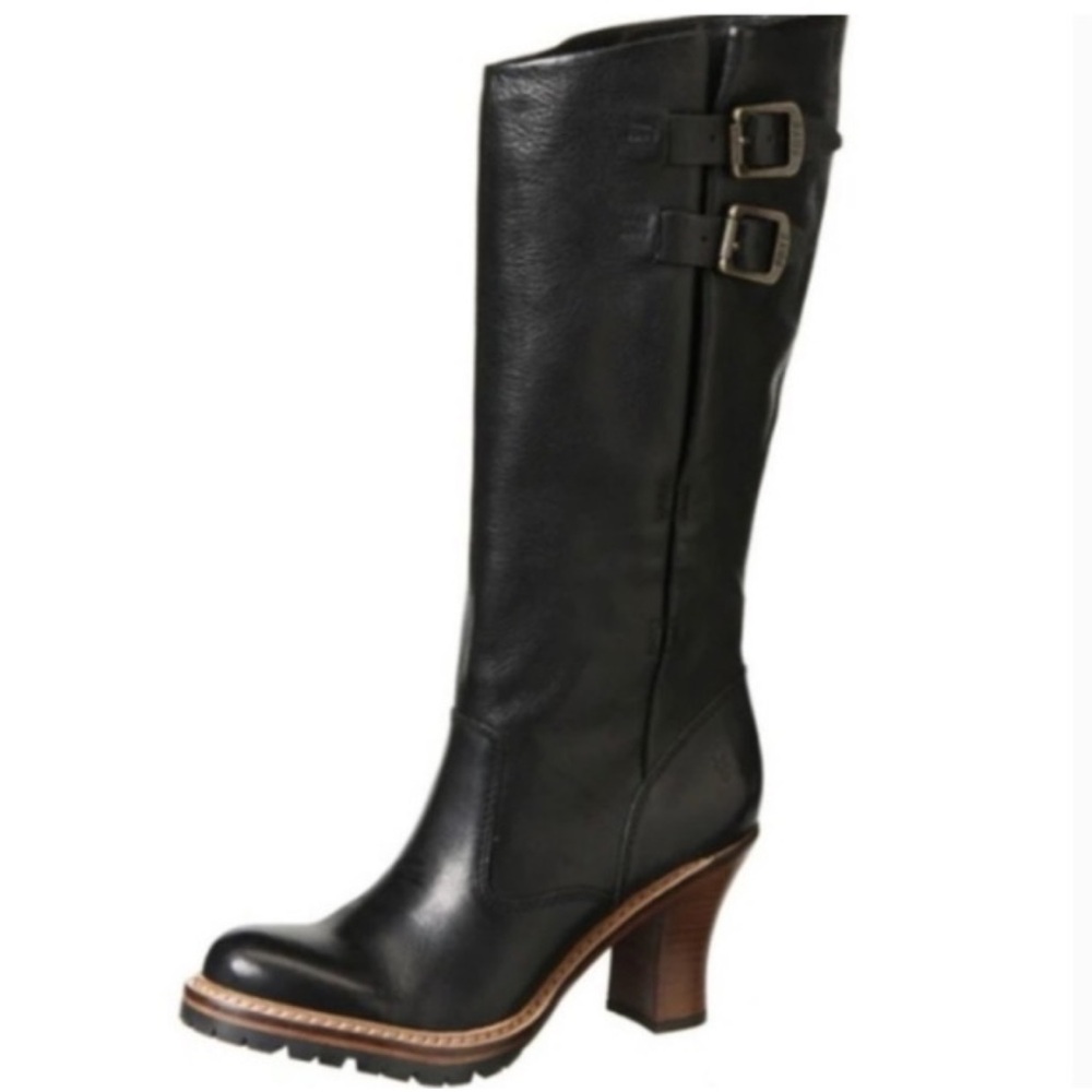 Frye Black Leather Heeled Boots with Buckles